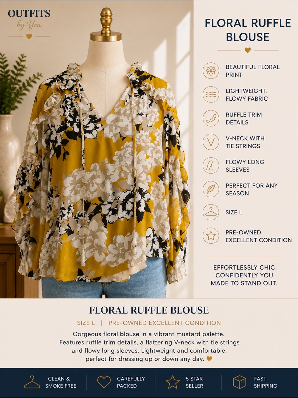 Calvin Klein Mustard Floral Ruffle Blouse